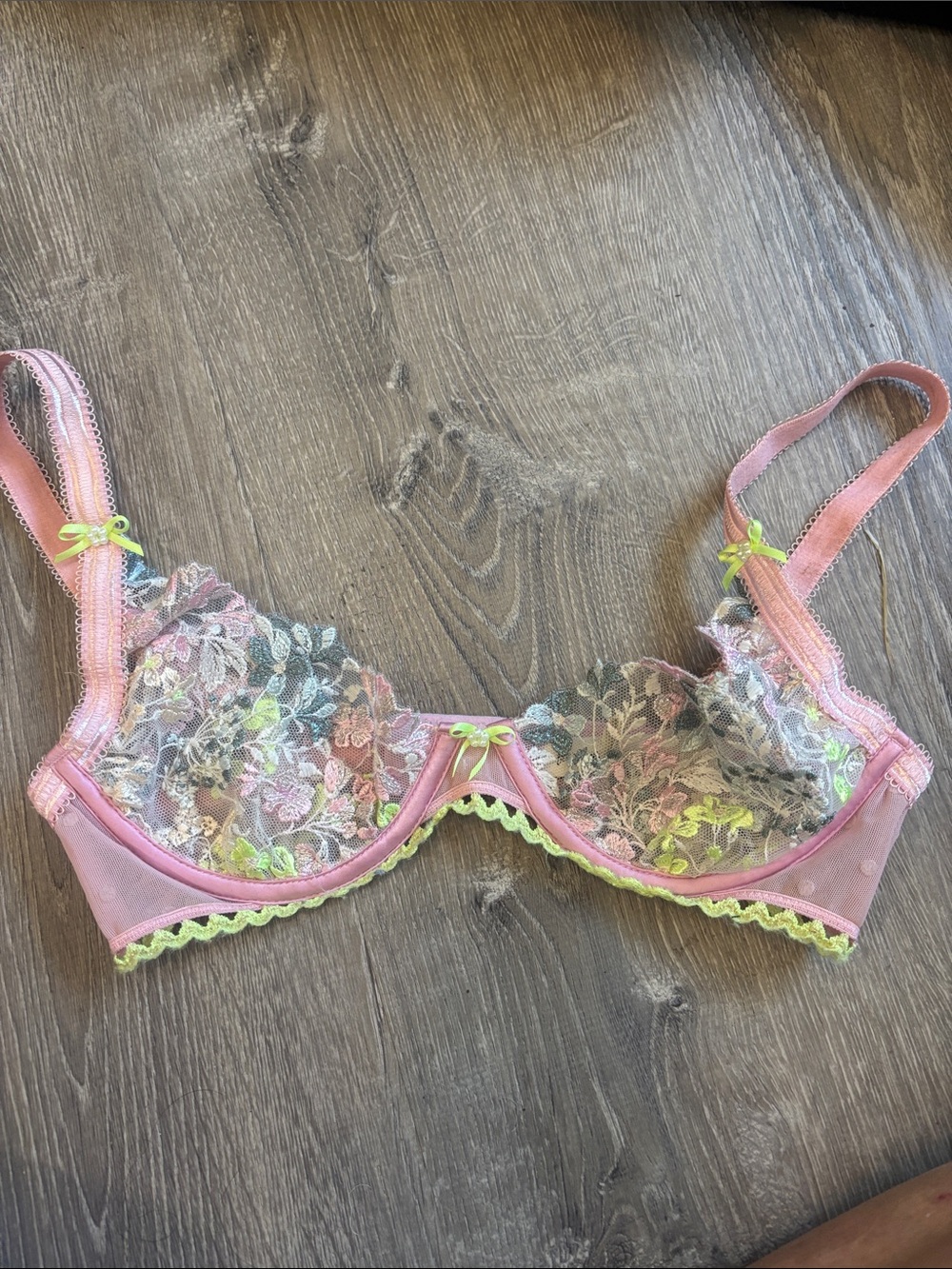 For Love And Lemons Pink Lace Underwire Bra with Neon Green Trim